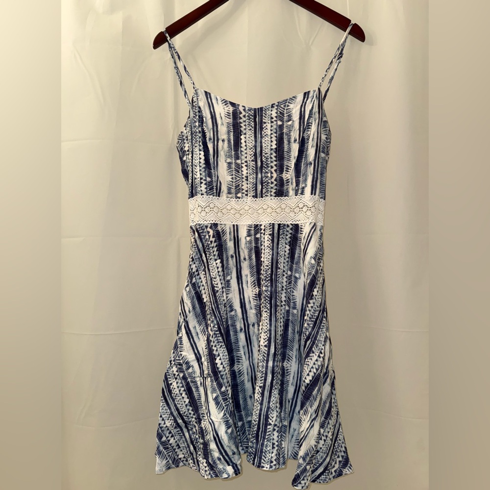 Aqua Navy and White Patterned Mini Dress with Crochet Waist